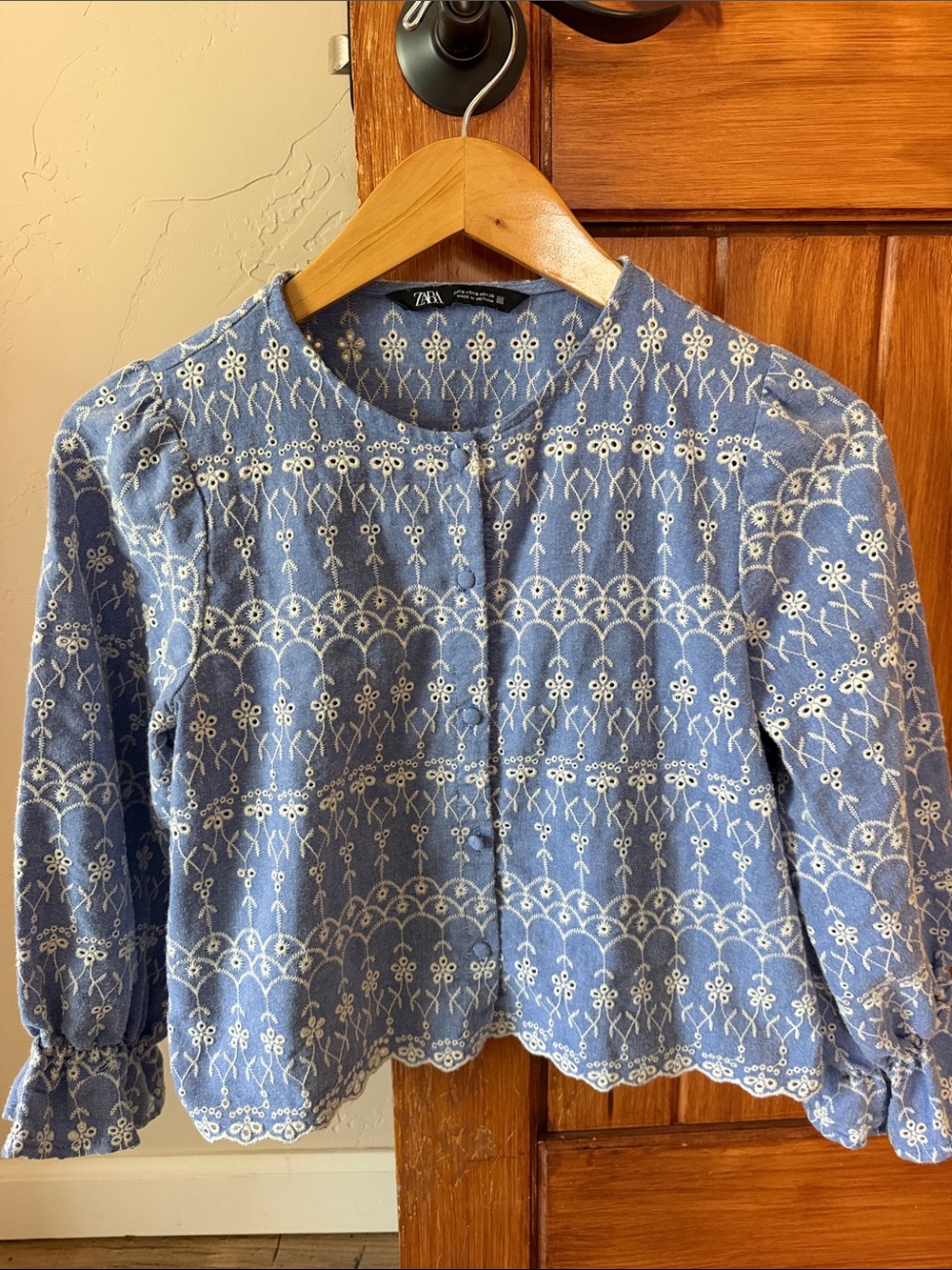 Zara Blue Embroidered Eyelet Cropped Shirt - 100% Cotton - Size S